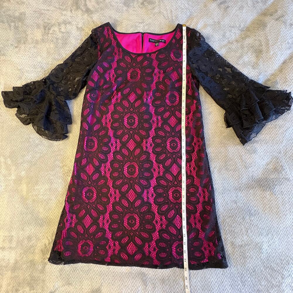 Madison Leigh Vintage Size 10 Black Lace Dress Pink Underlay Ruffle Bell Sleeves